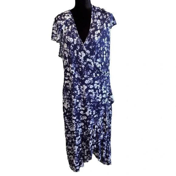 Juicy Couture  Size XXL Dress Blue White‎ Floral Hi Low Maxi Flutter Sleeve NEW - Picture 1 of 10